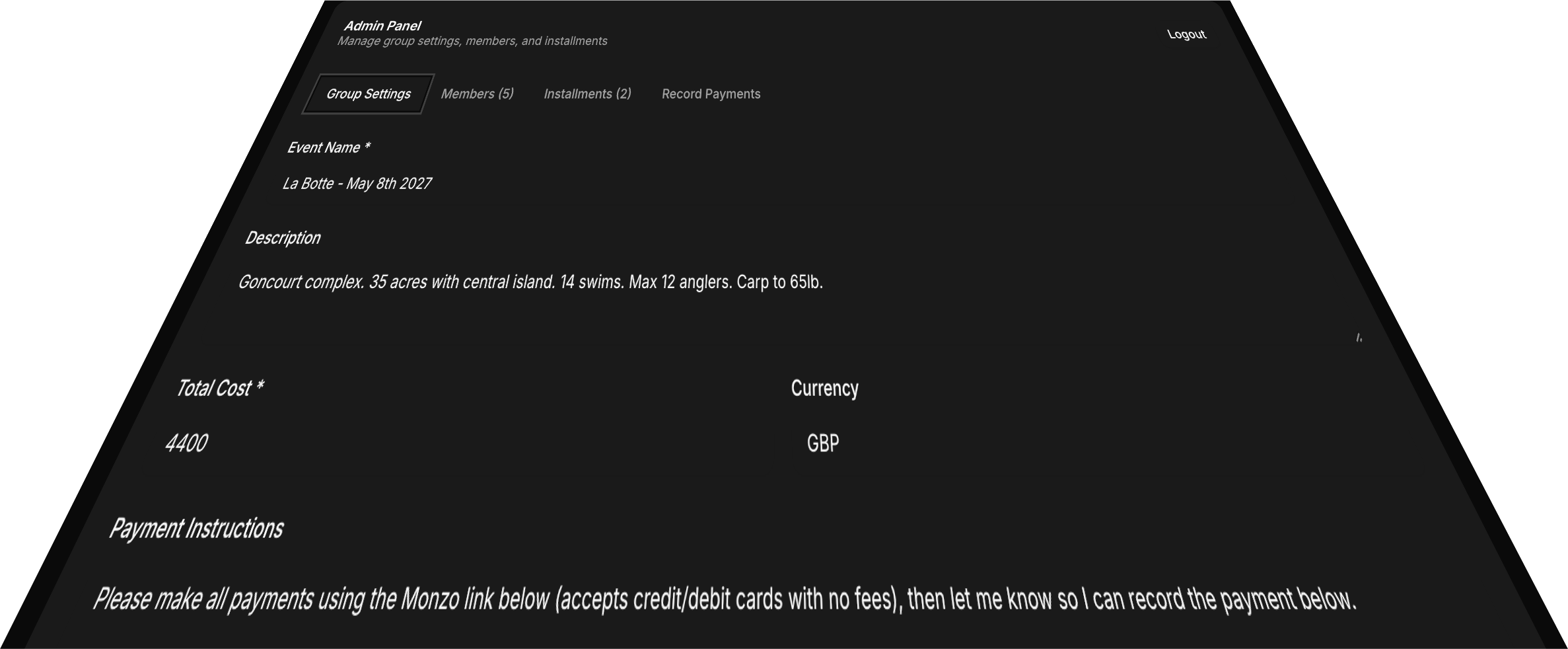 Admin dashboard showing group management interface